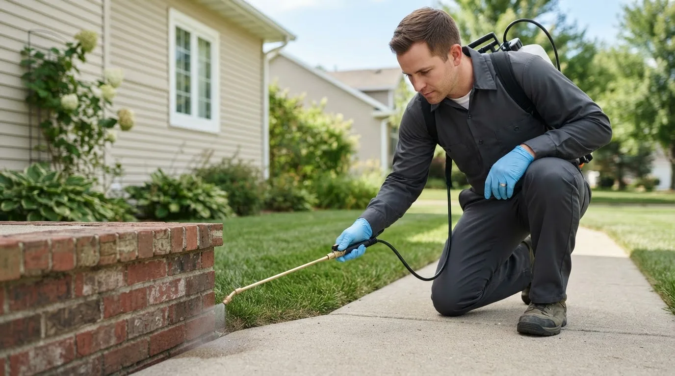Pest control technician treating a home near Plant City, FL
