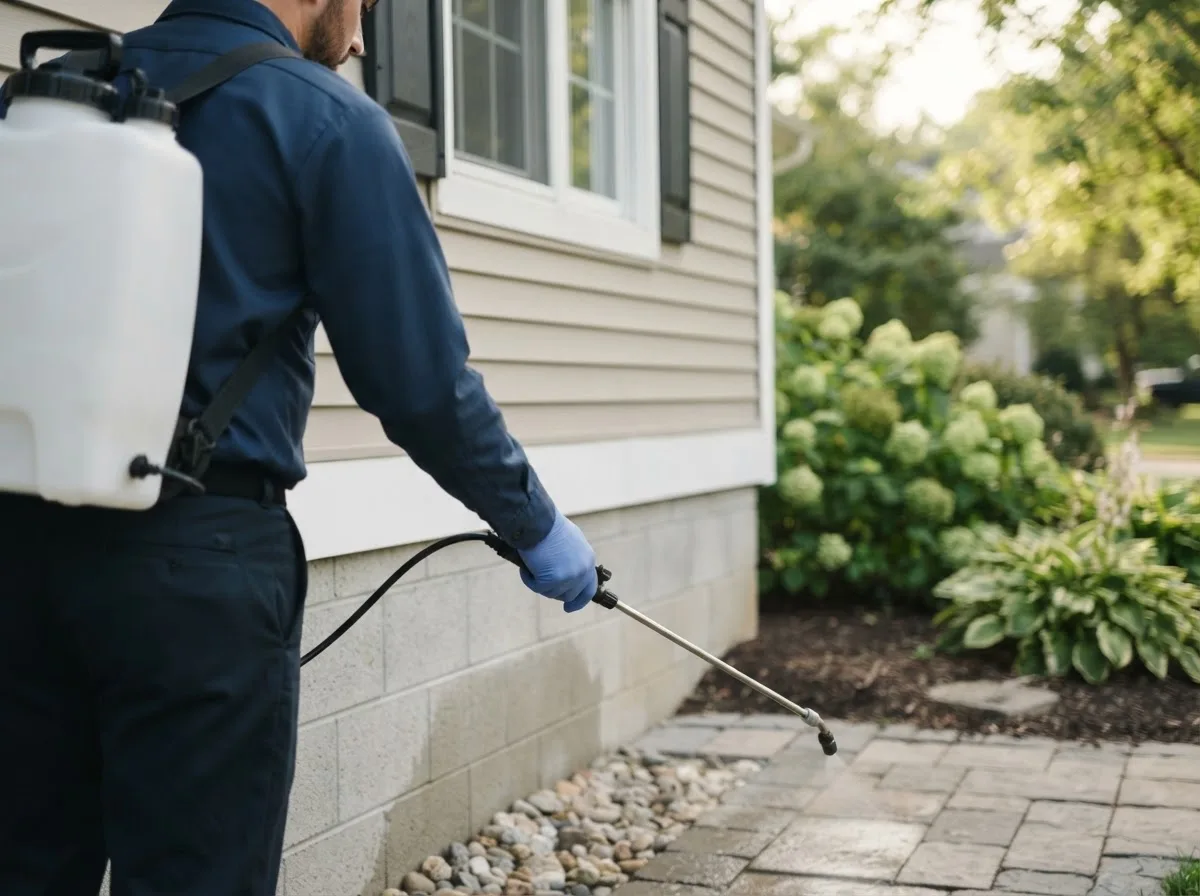 Pest control technician inspecting a home in Plant City, FL